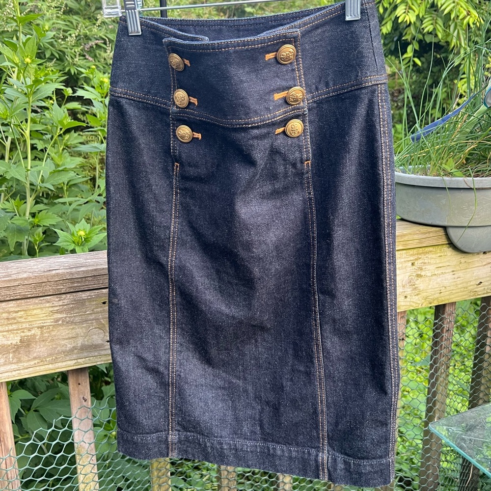 Ralph Lauren Jeans Co.  Denim Nautical Brass Button Straight Skirt Sz. 2 Petite